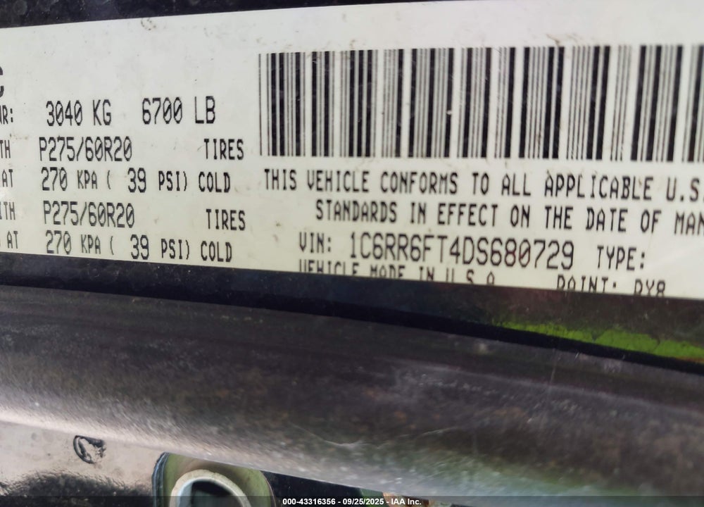 2013 RAM 1500 VIN: 1C6RR6FT4DS680729