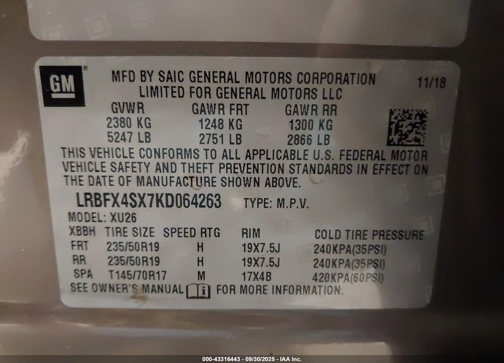 2019 BUICK ENVISION VIN: LRBFX4SX7KD064263