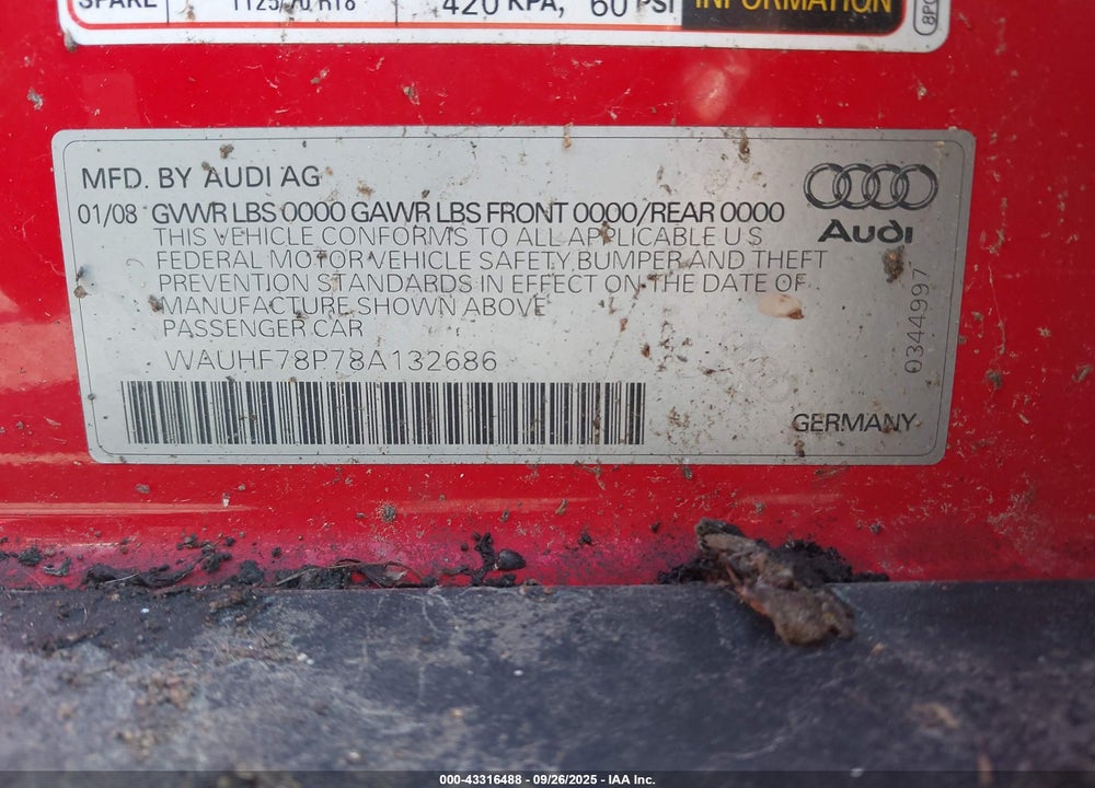 2008 AUDI A3 VIN: WAUHF78P78A132686