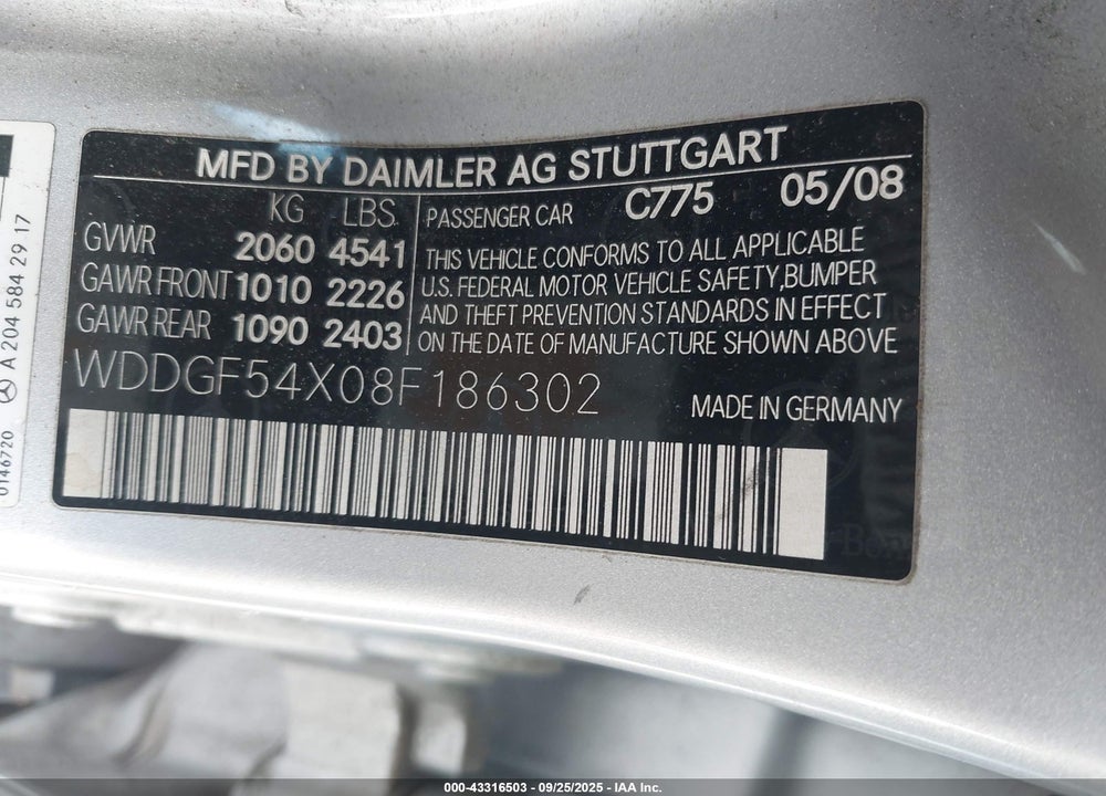 2008 MERCEDES-BENZ C 300 SPORT VIN: WDDGF54X08F186302