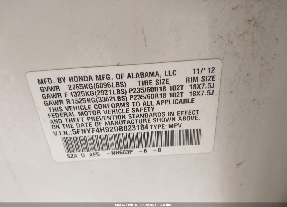 2013 HONDA PILOT TOURING VIN: 5FNYF4H92DB023184