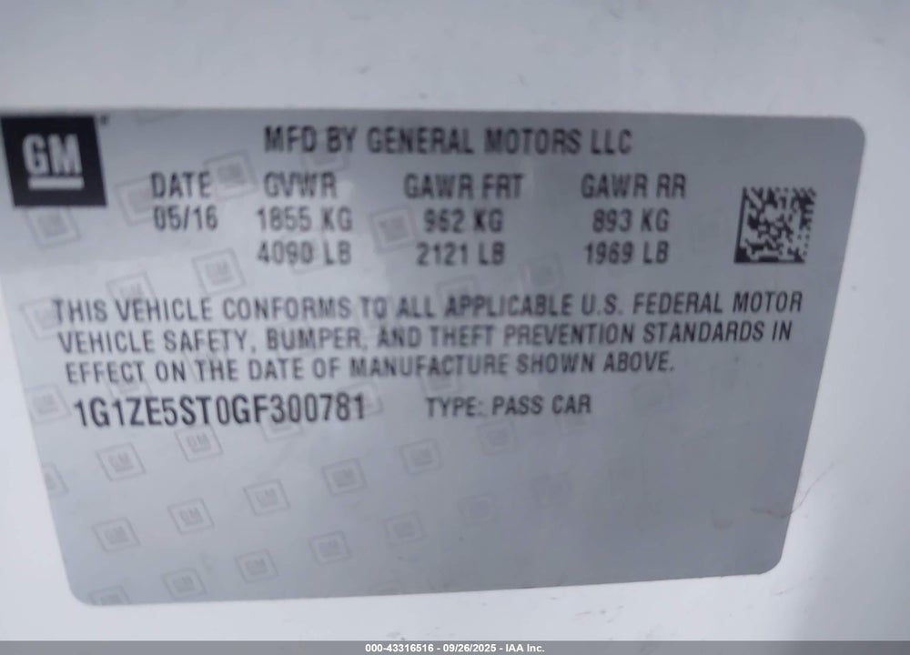 2016 CHEVROLET MALIBU VIN: 1G1ZE5ST0GF300781