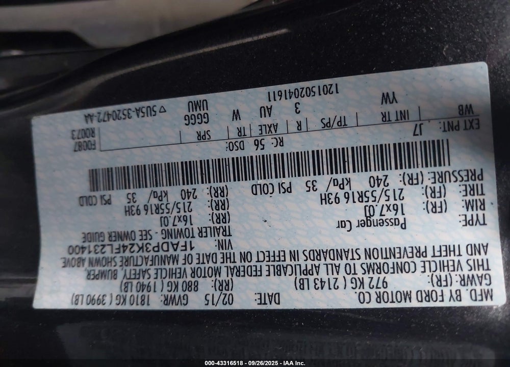 2015 FORD FOCUS SE VIN: 1FADP3K24FL231400