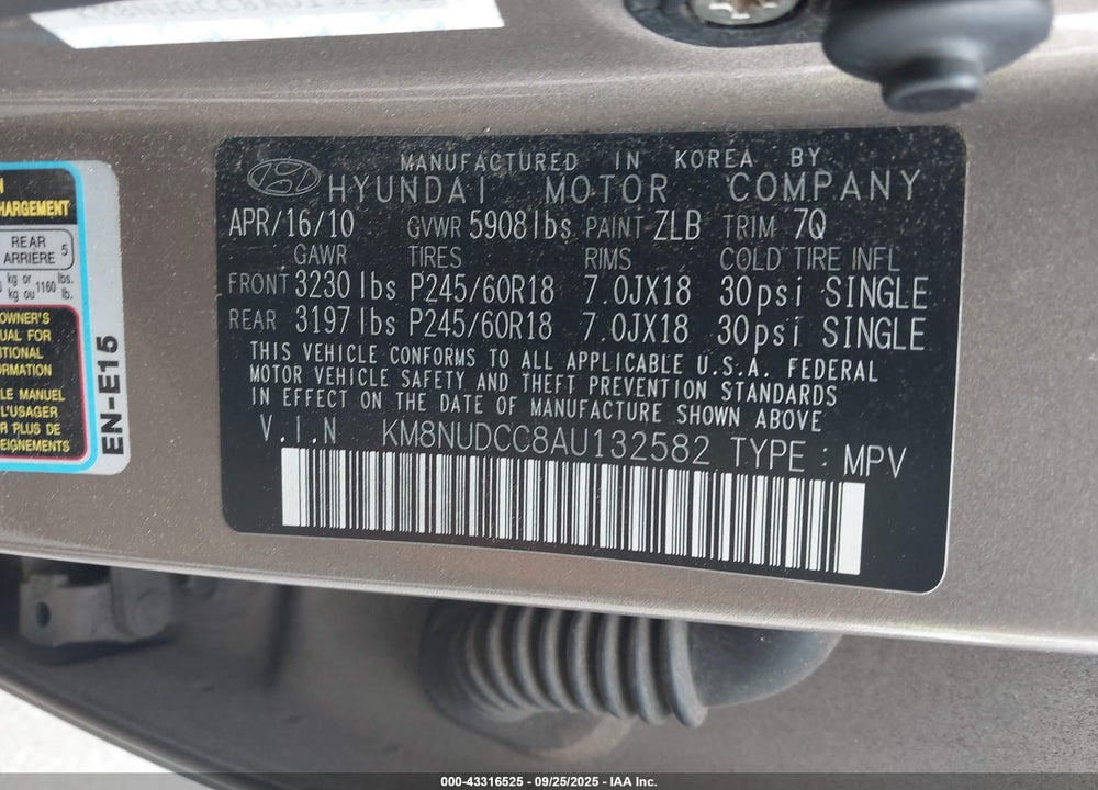 2010 HYUNDAI VERACRUZ VIN: KM8NUDCC8AU132582
