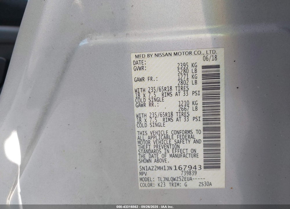 2018 NISSAN MURANO VIN: 5N1AZ2MH1JN167943