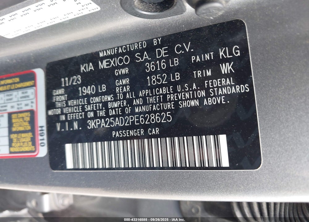 2023 KIA RIO VIN: 3KPA25AD2PE628625