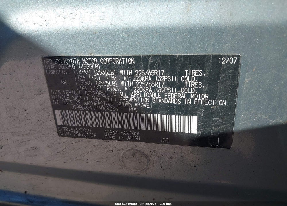 2008 TOYOTA RAV4 VIN: JTMBD33V186069083