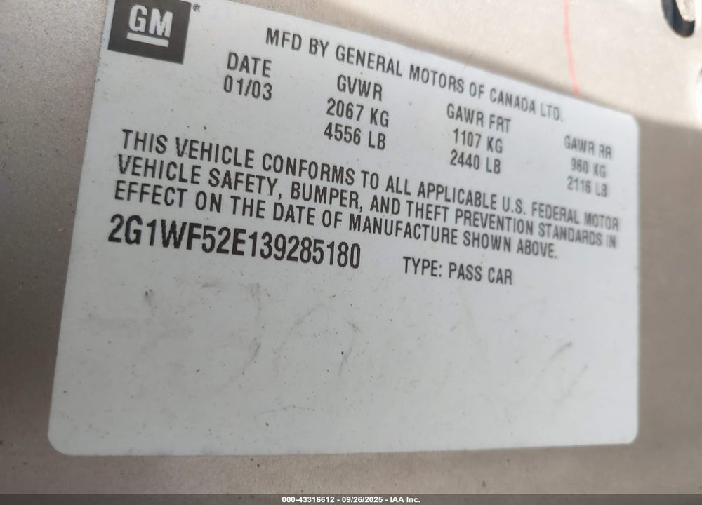 2003 CHEVROLET IMPALA VIN: 2G1WF52E139285180