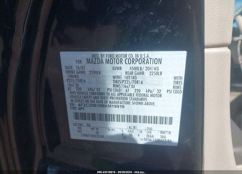 2008 MAZDA TRIBUTE VIN: 4F2CZ06198KM19919