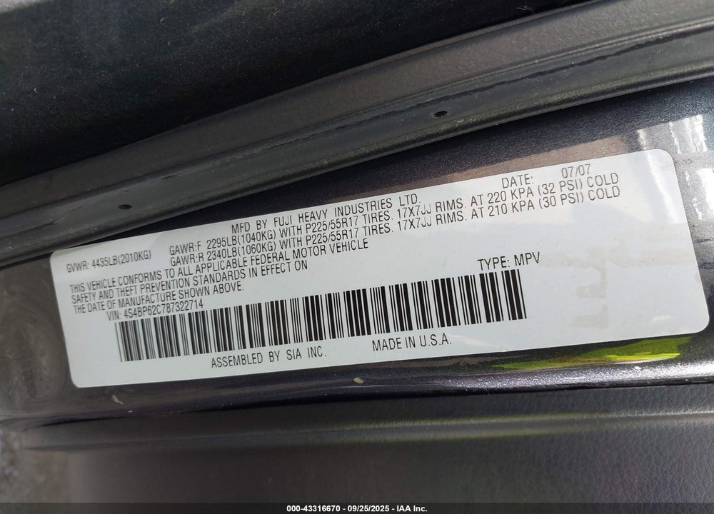 2008 SUBARU OUTBACK 2.5I LIMITED/2.5I LIMITED L.L. BEAN EDITION VIN: 4S4BP62C787322714