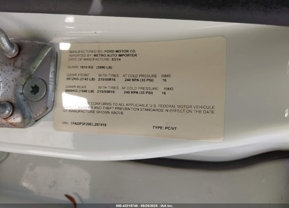 2014 FORD FOCUS VIN: 1FADP3F20EL297418