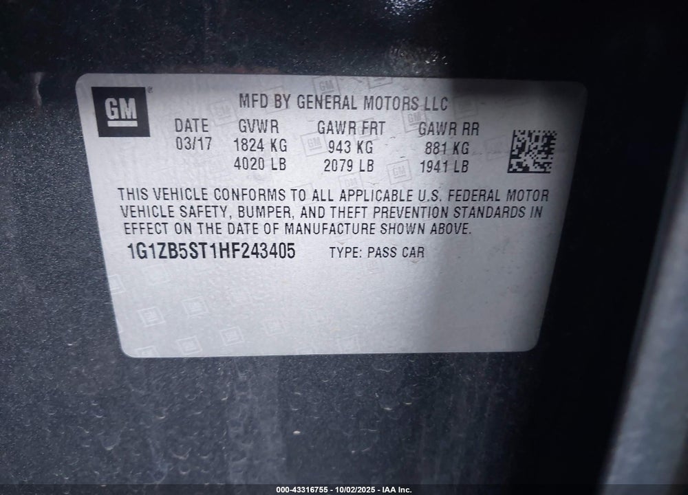 2017 CHEVROLET MALIBU VIN: 1G1ZB5ST1HF243405