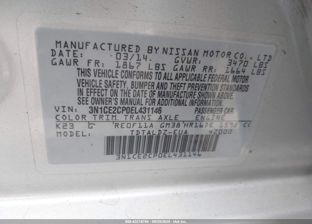 2014 NISSAN VERSA NOTE VIN: 3N1CE2CP0EL431146