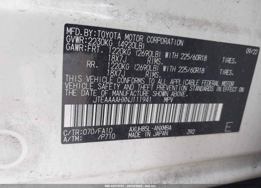 2022 TOYOTA VENZA VIN: JTEAAAAHXNJ111941