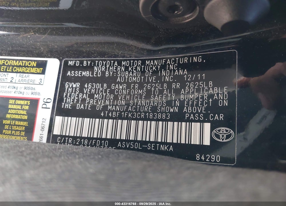 2012 TOYOTA CAMRY LE VIN: 4T4BF1FK3CR18388