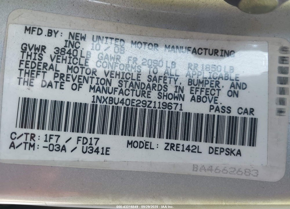 2009 TOYOTA COROLLA VIN: 1NXBU40E29Z119671