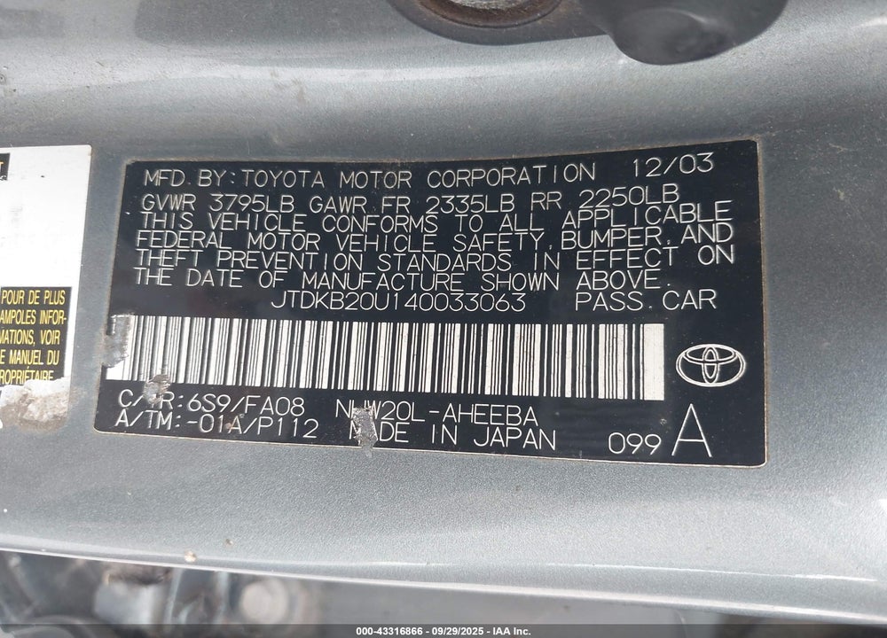 2004 TOYOTA PRIUS VIN: JTDKB20U140033063