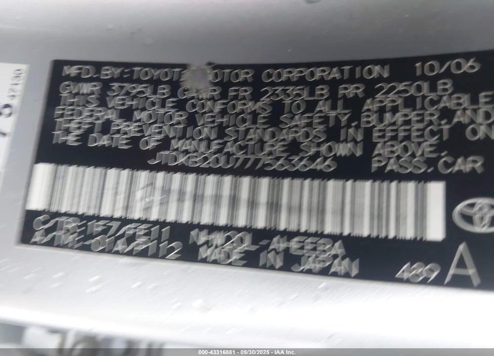 2007 TOYOTA PRIUS VIN: JTDKB20U777563646