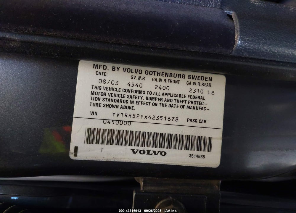 2004 VOLVO S60 R VIN: YV1RH52YX42351678