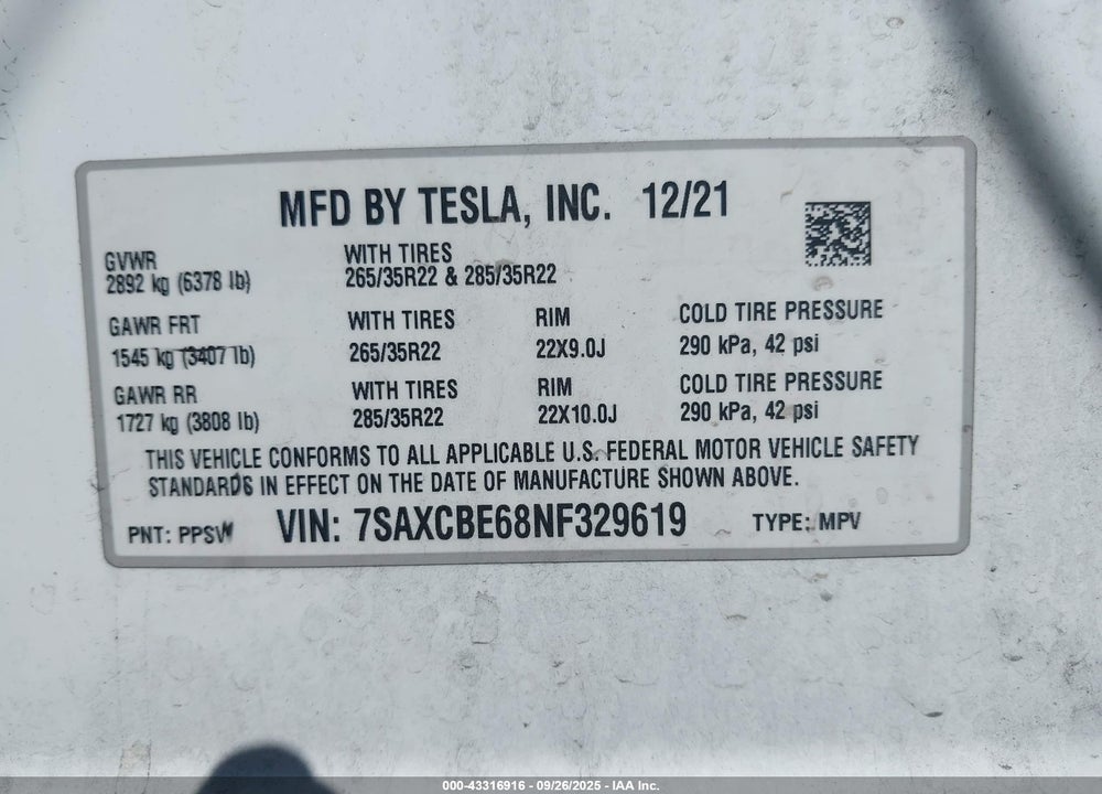 2022 TESLA MODEL X PLAID TRI MOTOR ALL-WHEEL DRIVE VIN: 7SAXCBE68NF329619