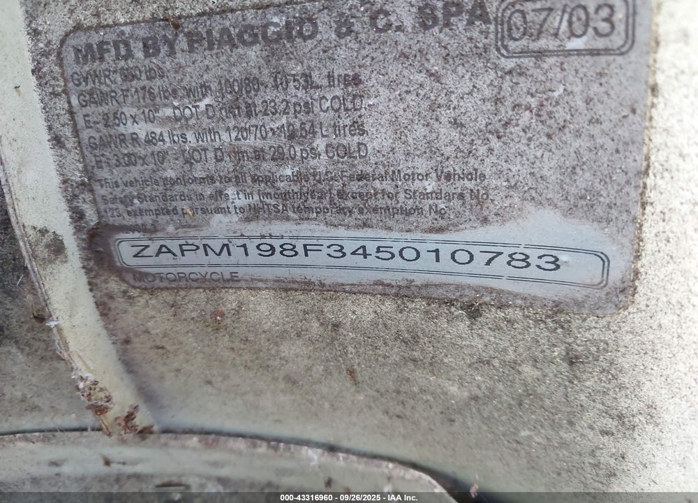 2004 VESPA M198F VIN: ZAPM198F345010783