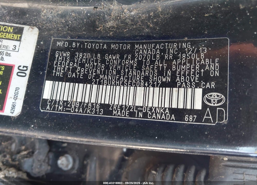 2014 TOYOTA COROLLA VIN: 2T1BURHE5EC084217