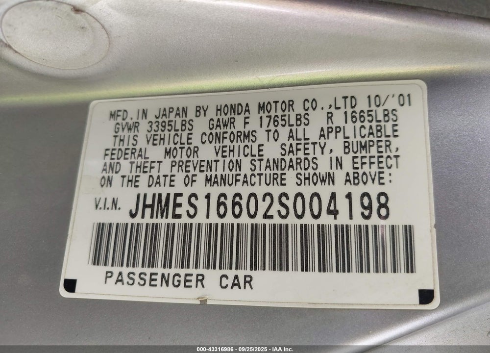2002 HONDA CIVIC LX VIN: JHMES16602S004198