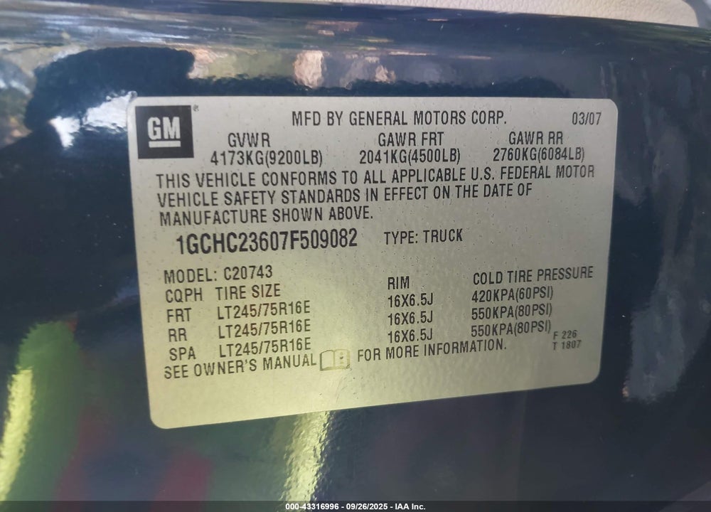2007 CHEVROLET SILVERADO 2500HD LT2 VIN: 1GCHC23607F509082