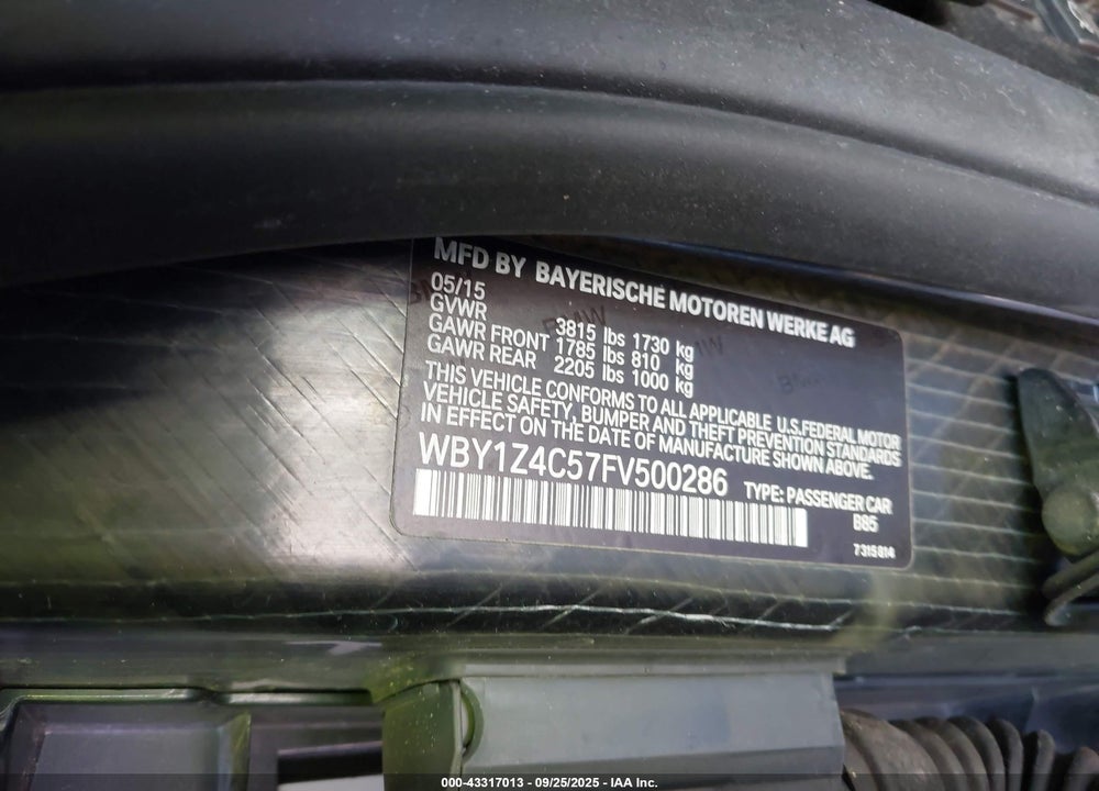 2015 BMW I3 VIN: WBY1Z4C57FV500286