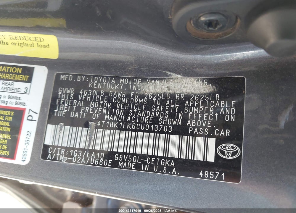 2012 TOYOTA CAMRY VIN: 4T1BK1FK6CU013703