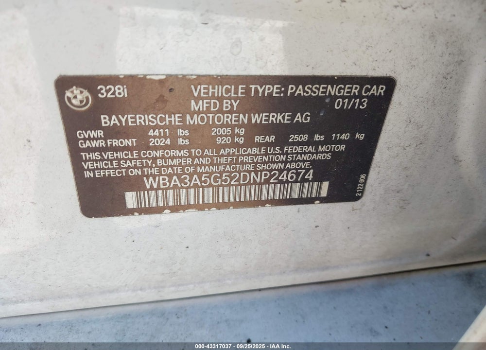 2013 BMW 3 SERIES VIN: WBA3A5G52DNP24674