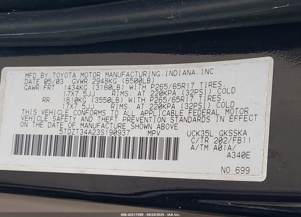 2003 TOYOTA SEQUOIA SR5 V8 VIN: 5TDZT34A23S190937