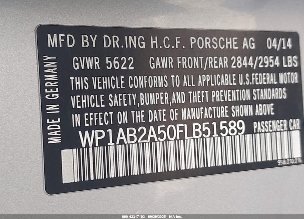 2015 PORSCHE MACAN VIN: WP1AB2A50FLB51589