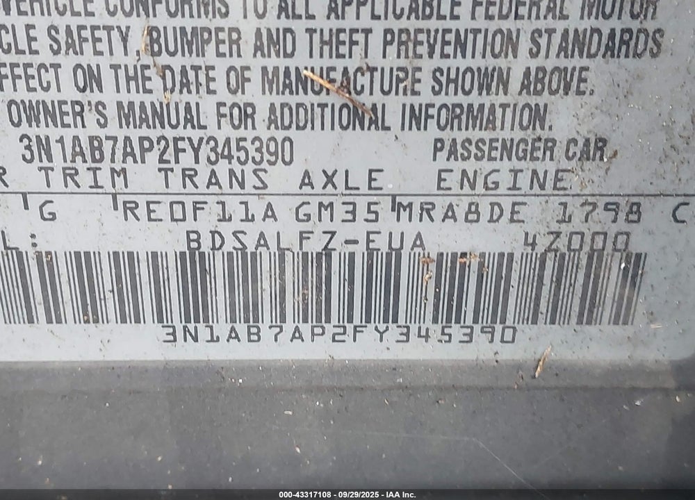 2015 NISSAN SENTRA VIN: 3N1AB7AP2FY345390