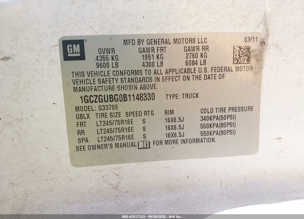 2011 CHEVROLET EXPRESS 3500 WORK VAN VIN: 1GCZGUBG0B1148330