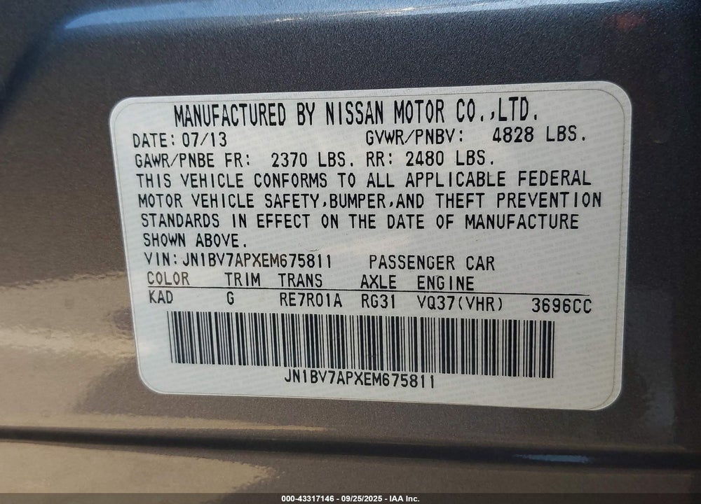 2014 INFINITI Q50 PREMIUM VIN: JN1BV7APXEM675811