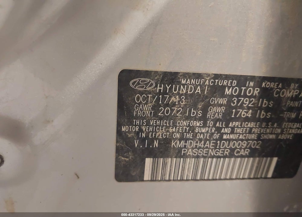 2013 HYUNDAI ELANTRA VIN: KMHDH4AE1DU009702