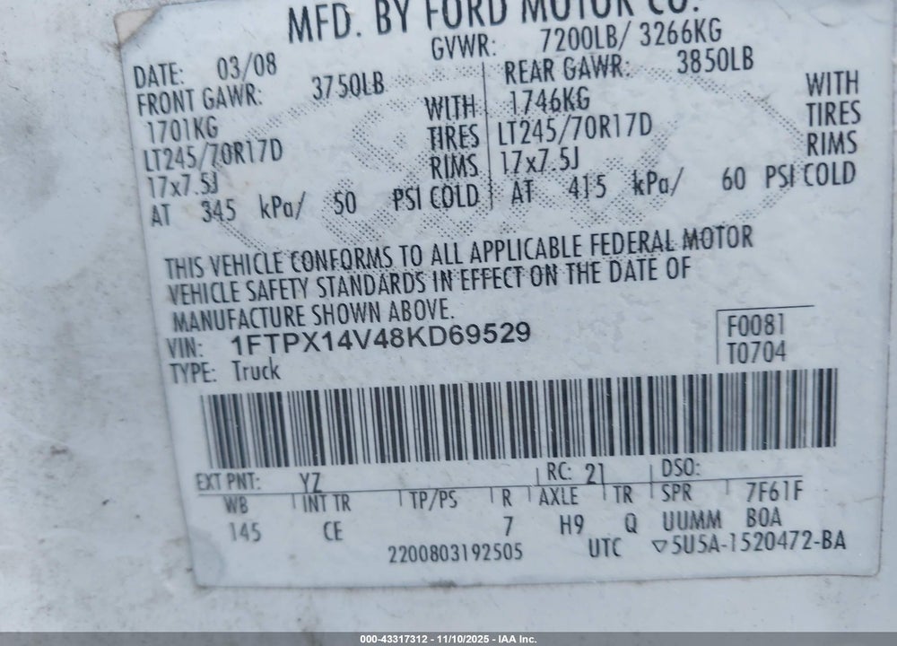 2008 FORD F-150 FX4/LARIAT/XL/XLT VIN: 1FTPX14V48KD69529