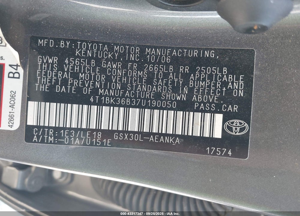 2007 TOYOTA AVALON VIN: 4T1BK36B37U190050