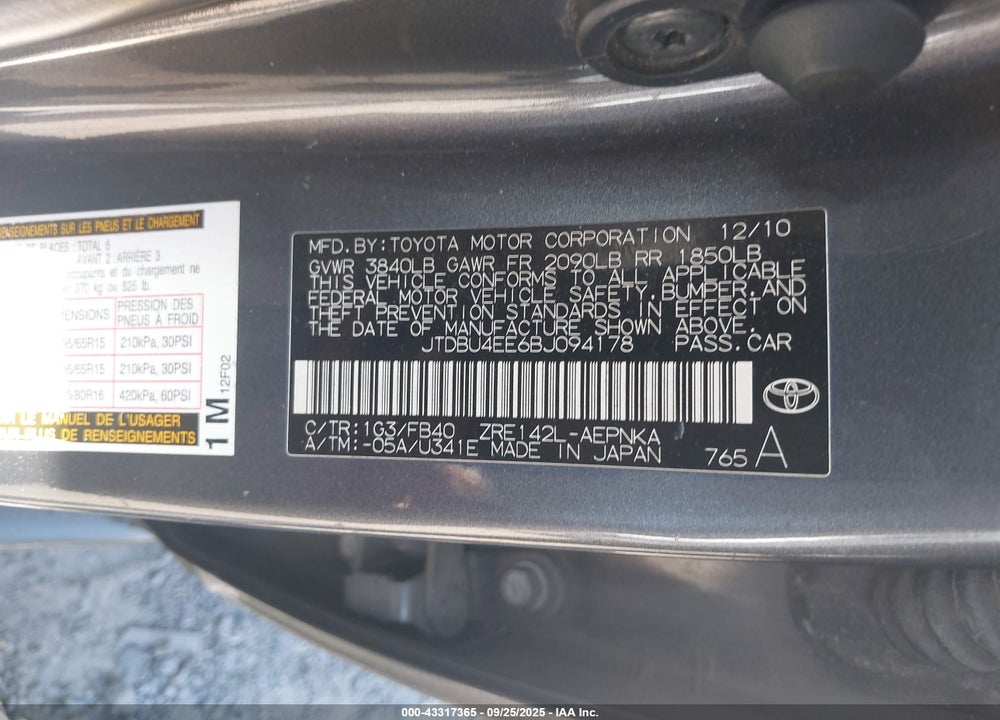 2011 TOYOTA COROLLA LE VIN: JTDBU4EE6BJ094178