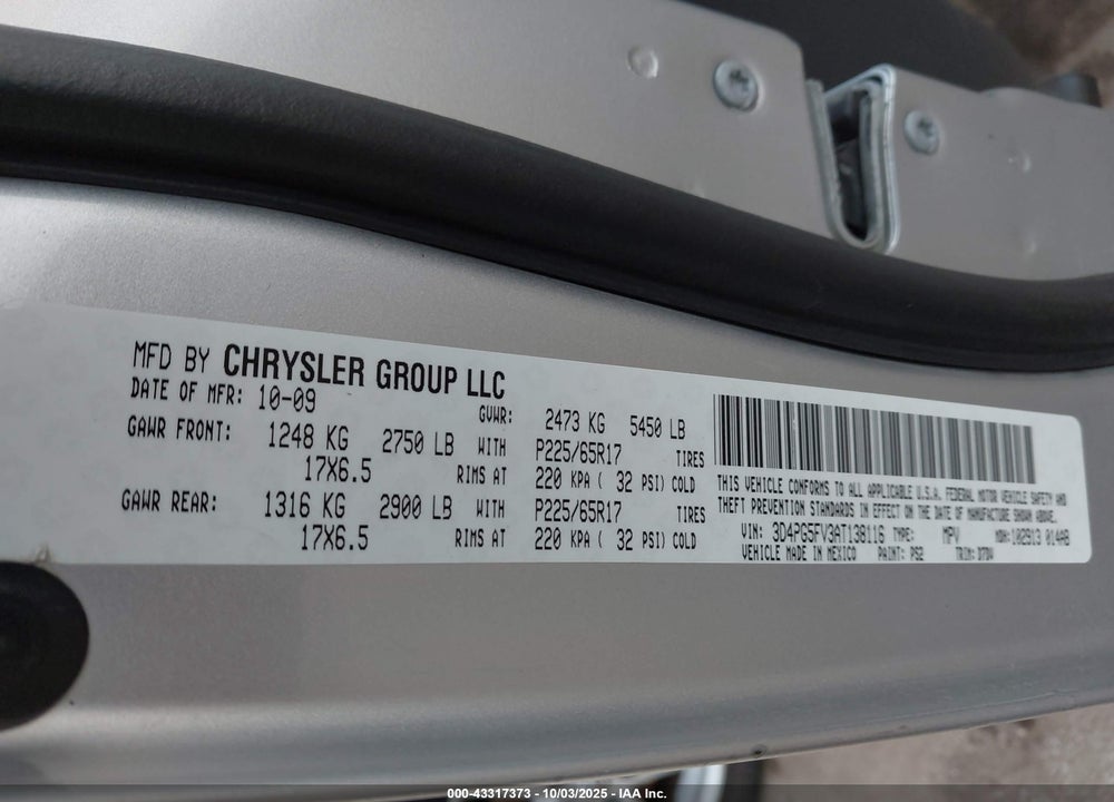 2010 DODGE JOURNEY VIN: 3D4PG5FV3AT138116