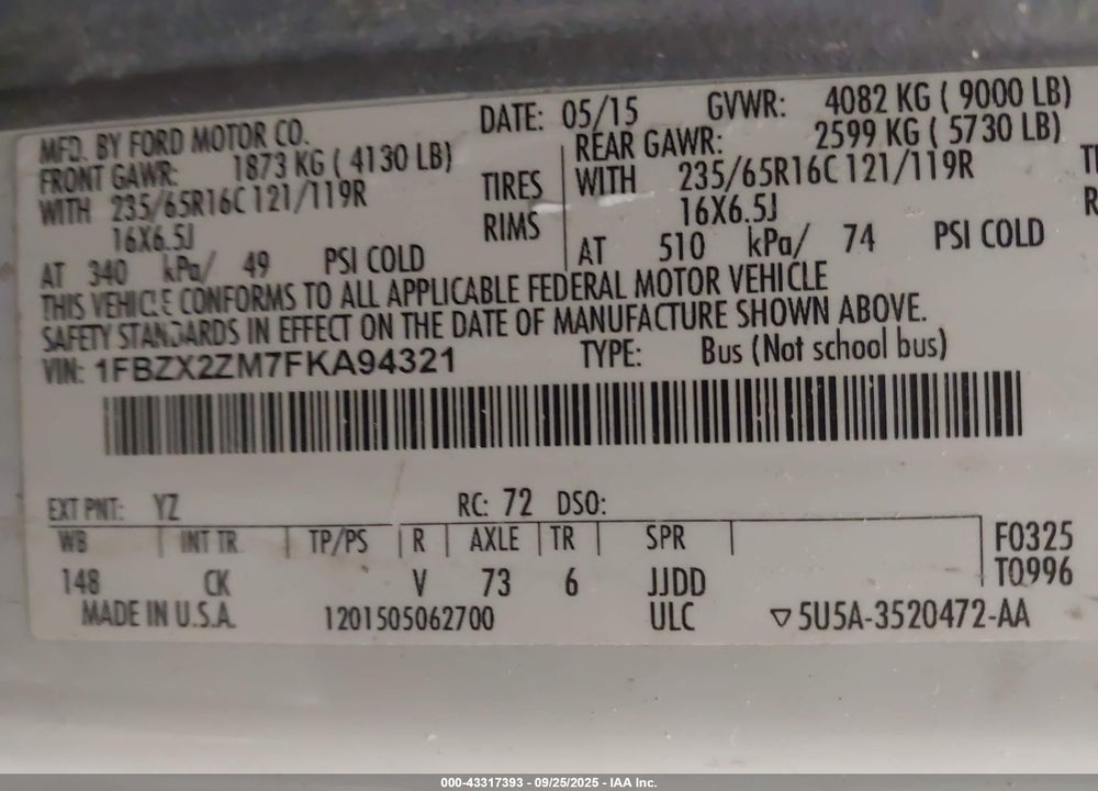 2015 FORD TRANSIT-350 XLT VIN: 1FBZX2ZM7FKA94321