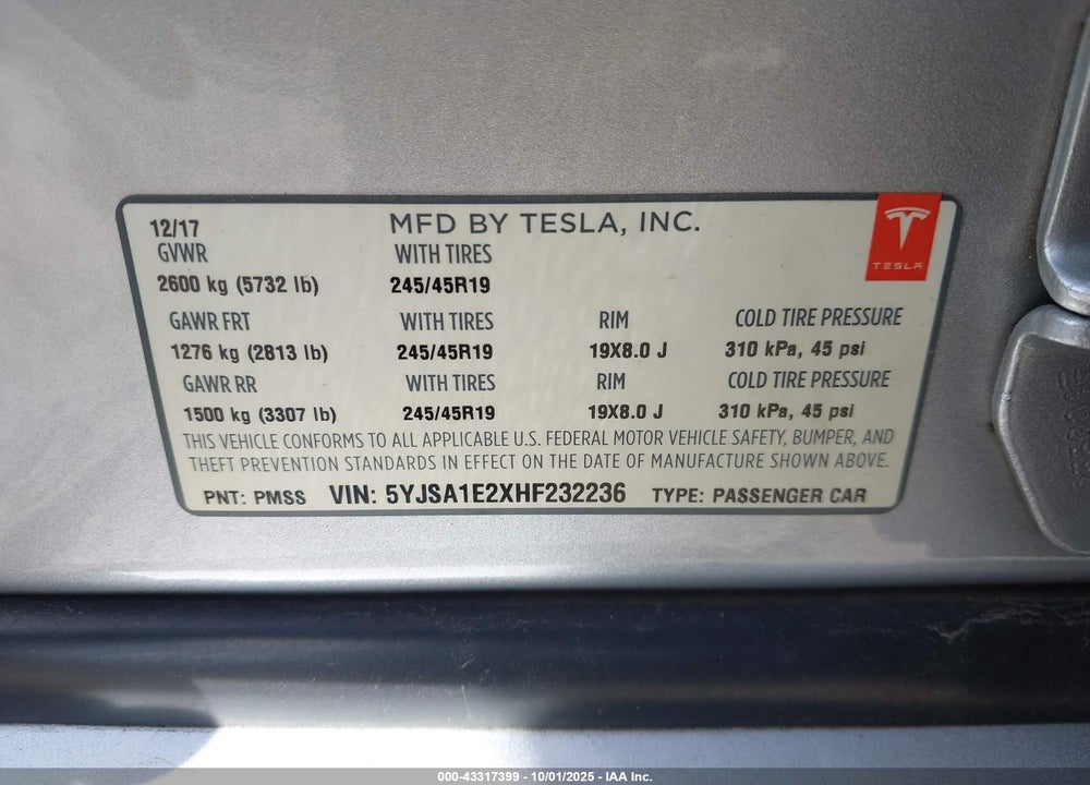 2017 TESLA MODEL S VIN: 5YJSA1E2XHF232236