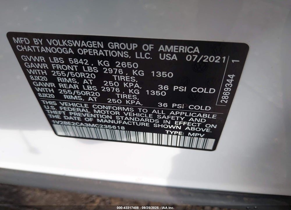 2021 VOLKSWAGEN ATLAS CROSS SPORT VIN: 1V2BE2CA3MC235618