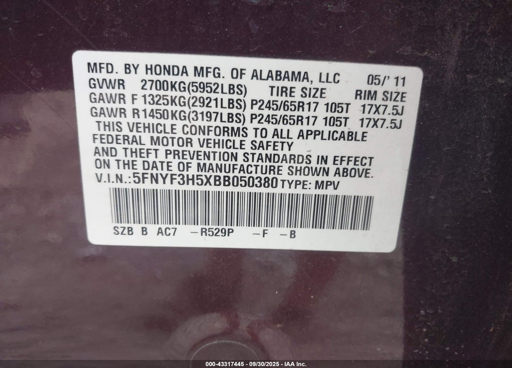 2011 HONDA PILOT EX-L VIN: 5FNYF3H5XBB050380