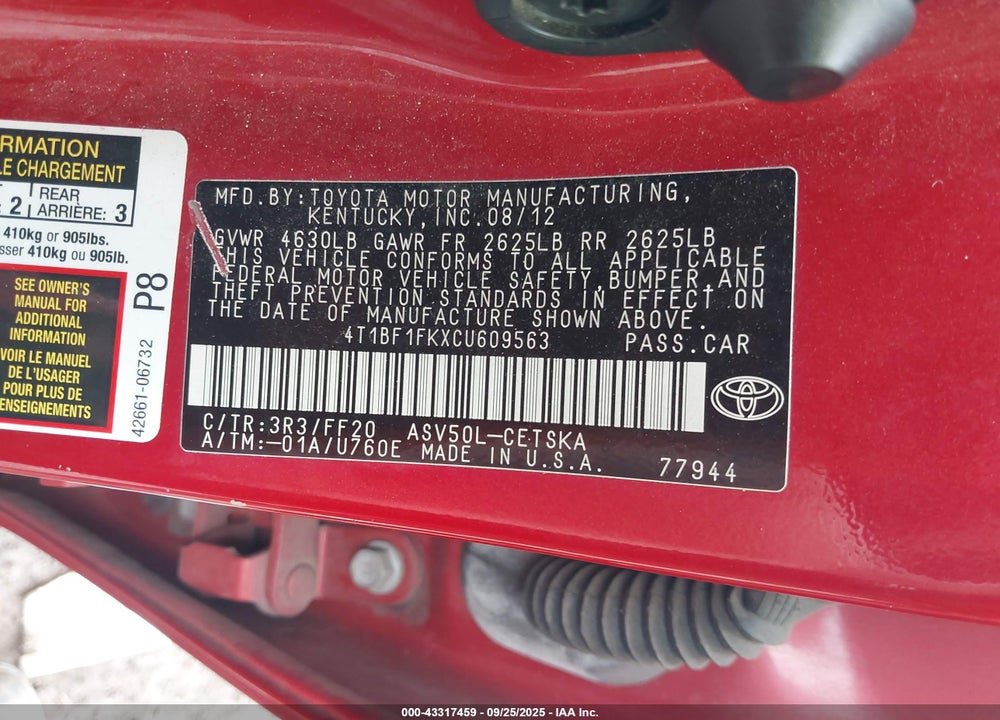 2012 TOYOTA CAMRY VIN: 4T1BF1FKXCU609563
