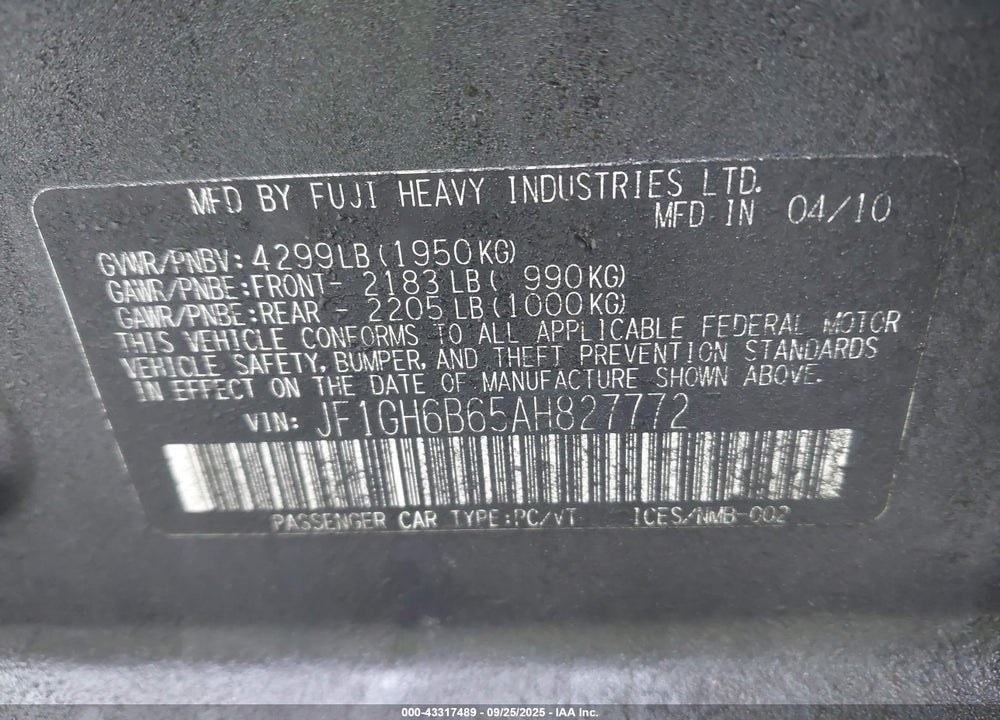 2010 SUBARU IMPREZA VIN: JF1GH6B65AH827772