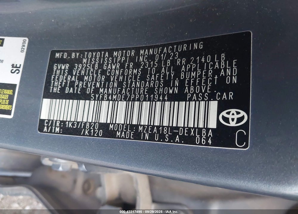 2023 TOYOTA COROLLA LE VIN: 5YFB4MDE7PP011944
