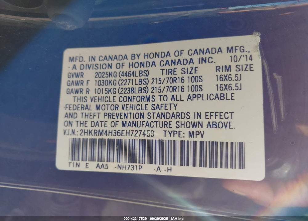 2014 HONDA CR-V VIN: 2HKRM4H36EH727459