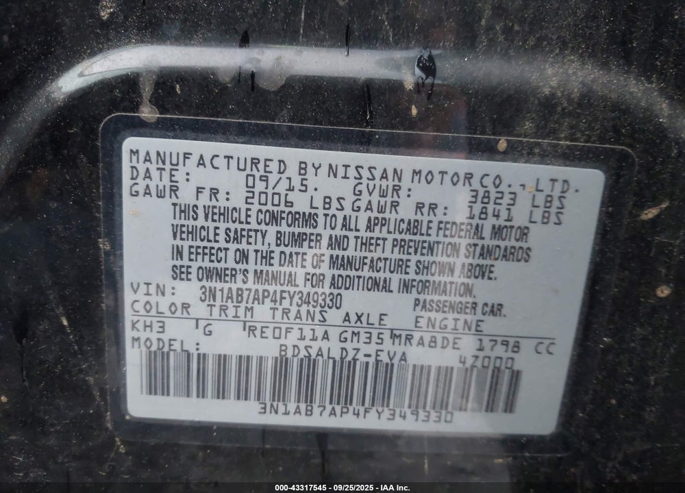 2015 NISSAN SENTRA SV VIN: 3N1AB7AP4FY349330